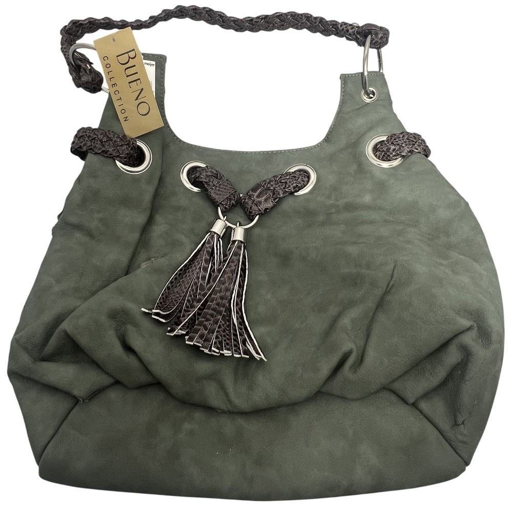 NWT Bueno Collection Sage Green Faux‎ Suede Hobo Shoulder Bag with Tassels